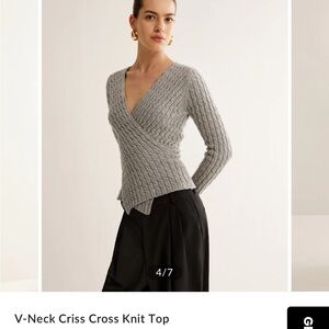 Commense Gray V-Neck Criss Cross Knit Sweater